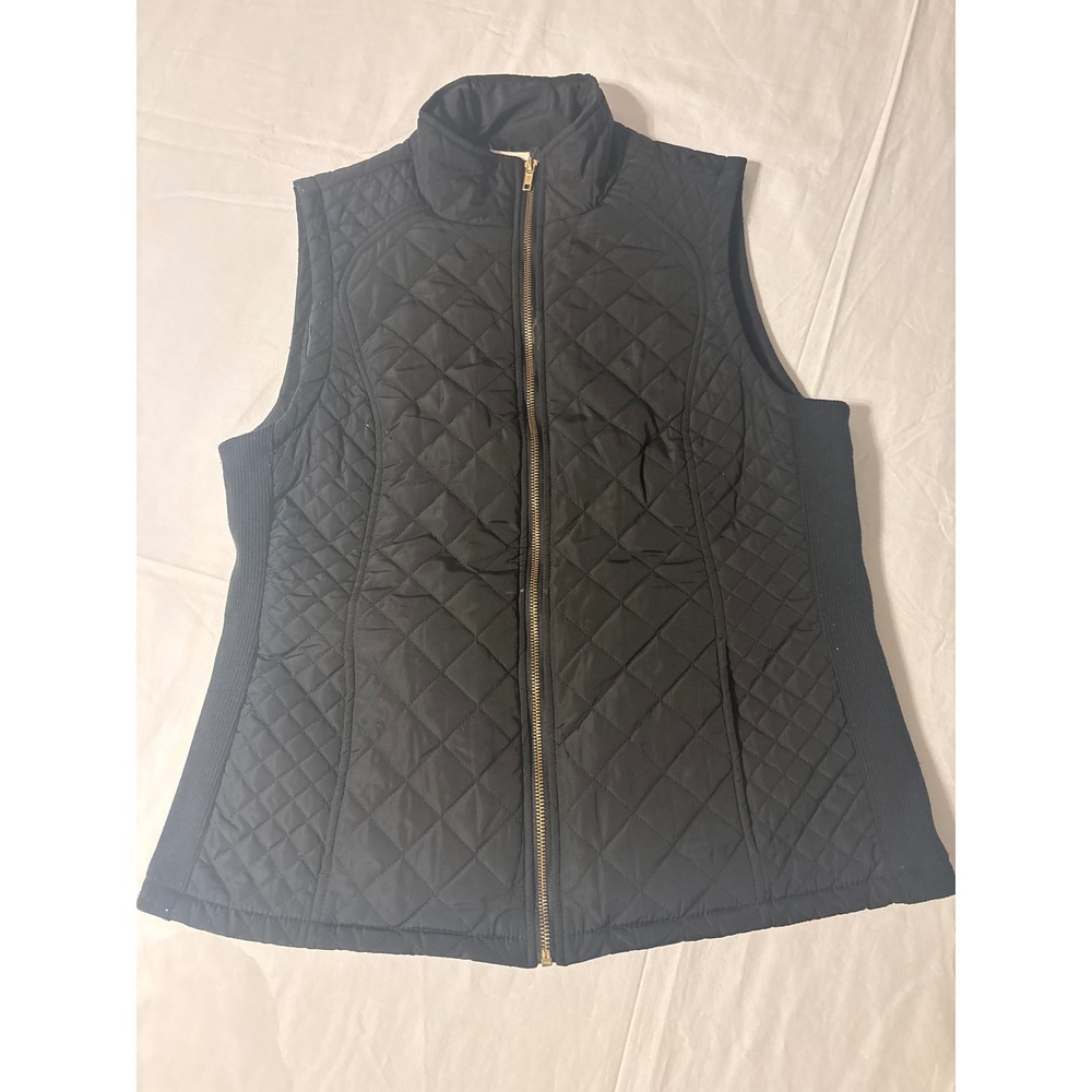 Aspen Quilted Puffer Vest Womens Large Black Ribbed Side Panels Zip